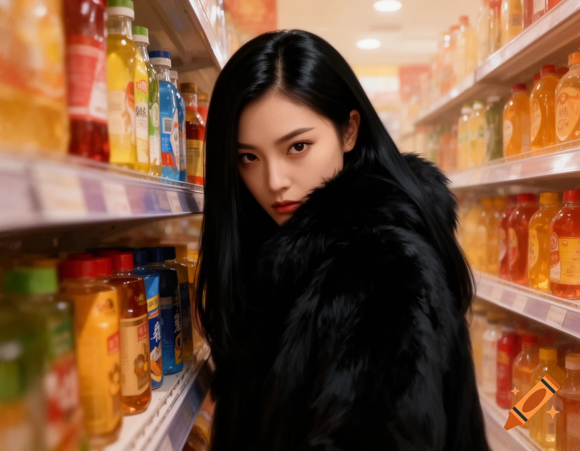 A young woman with long black hair and a black fur coat peers from behind a grocery store shelf, looking intensely.
