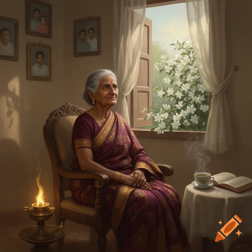 An elderly Indian woman in a purple saree sits in a chair by a window with white flowers outside. An oil lamp, tea, and a book are nearby.