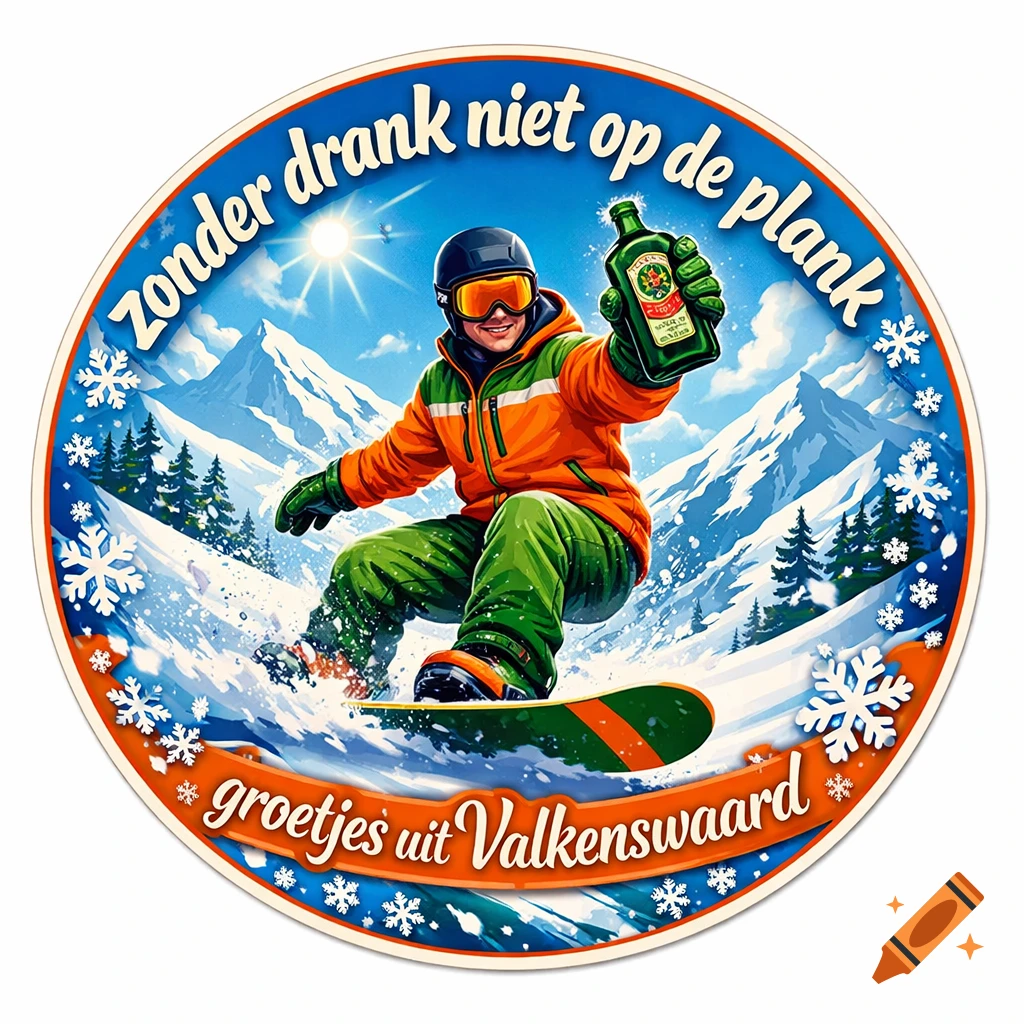 Cartoon snowboarder jumping in snowy mountains, holding a J germeister bottle, surrounded by text on a round sticker design.