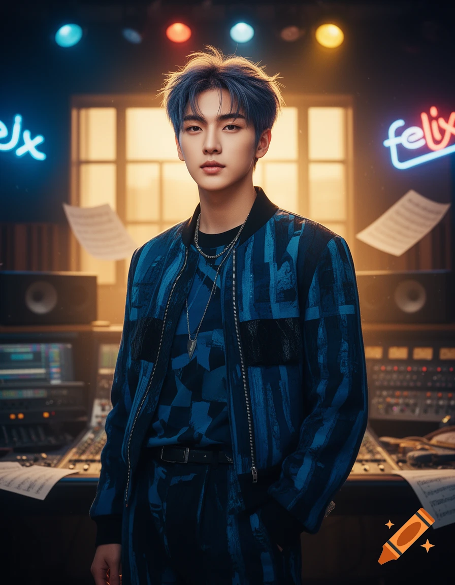 A young man with blue hair and a patterned blue jacket stands in a dimly lit music studio with neon "felix" signs.