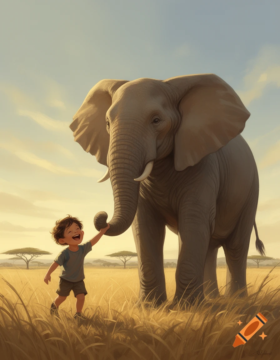 A smiling boy reaches out to touch an elephant's trunk in a sunny savanna illustration.
