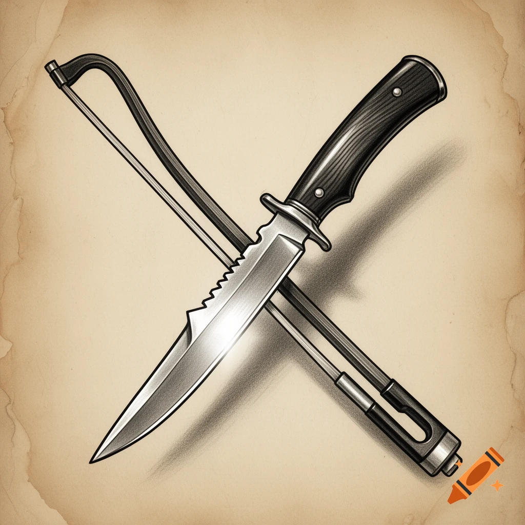 A tattoo sketch illustration of a serrated knife crossed with a violin bow on a textured background.
