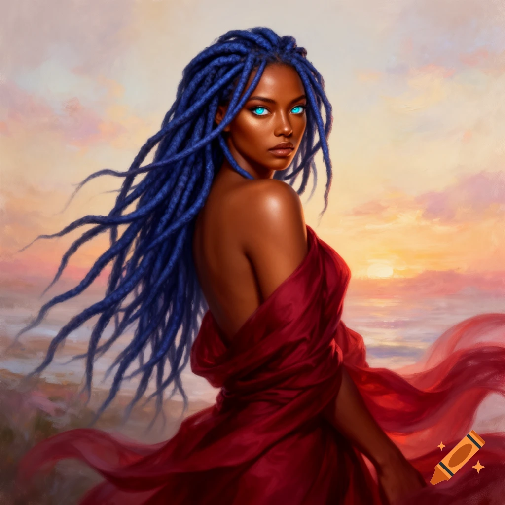 Digital painting of a woman with dark skin, blue dreadlocks, and glowing cyan eyes, in a flowing red drape against a sunset.