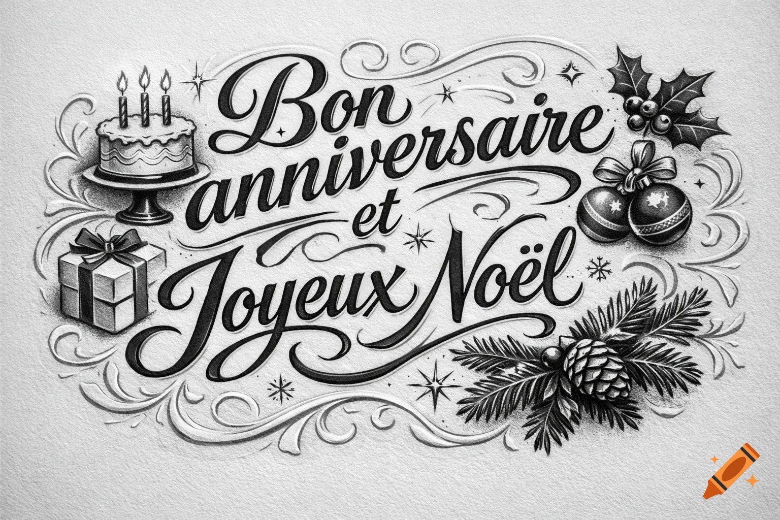 Black and white retro-style greeting card with "Bon anniversaire et Joyeux Noël" in elegant script, surrounded by a birthday cake, gift, holly, ornaments, and pinecone.