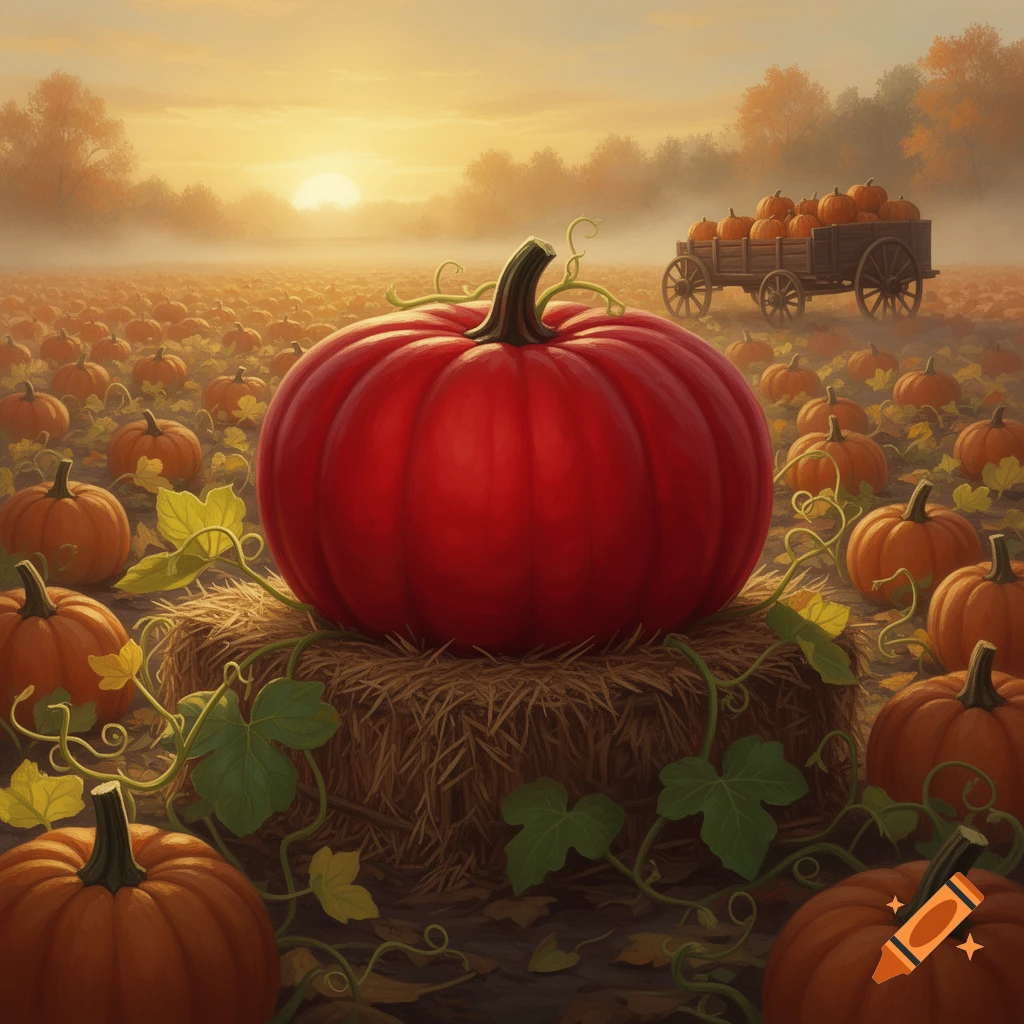 A vibrant red pumpkin on a hay bale in an expansive autumn pumpkin field, with a misty sunset and a loaded wooden wagon in the distance.
