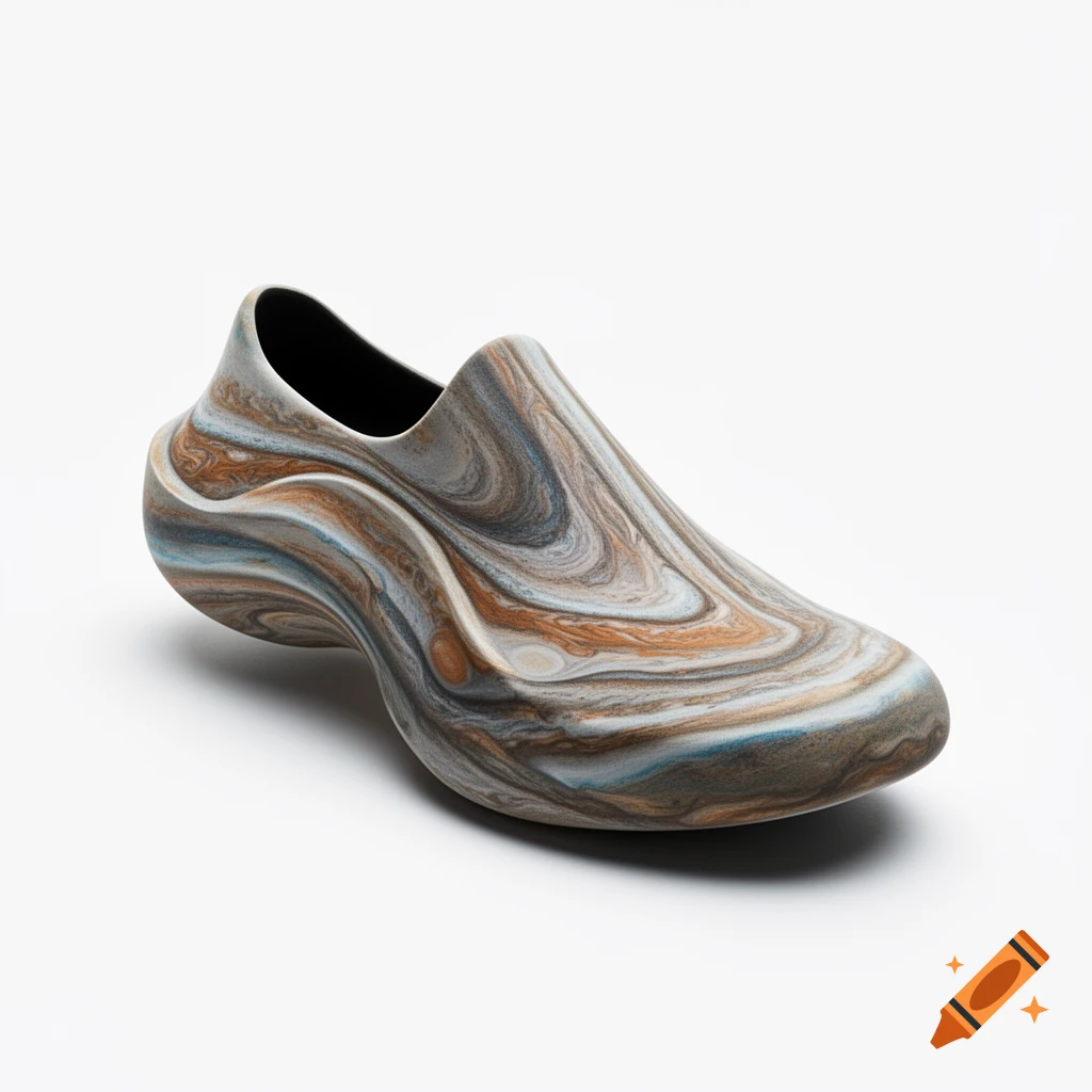A futuristic slip-on shoe, marbled with brown, white, and blue Jupiter-like patterns, on a white background.