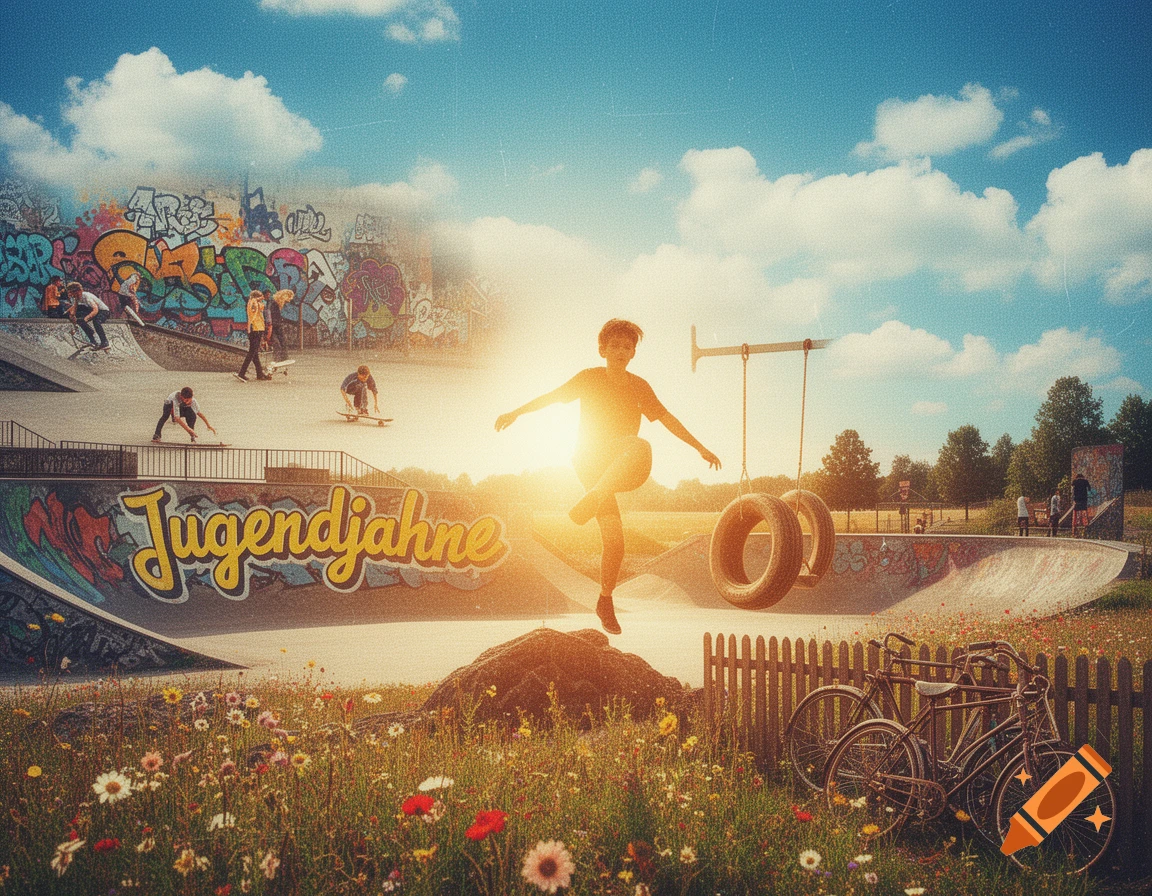 A vibrant collage of a skatepark with youths skateboarding, a central figure jumping, bikes, graffiti, and wildflowers.