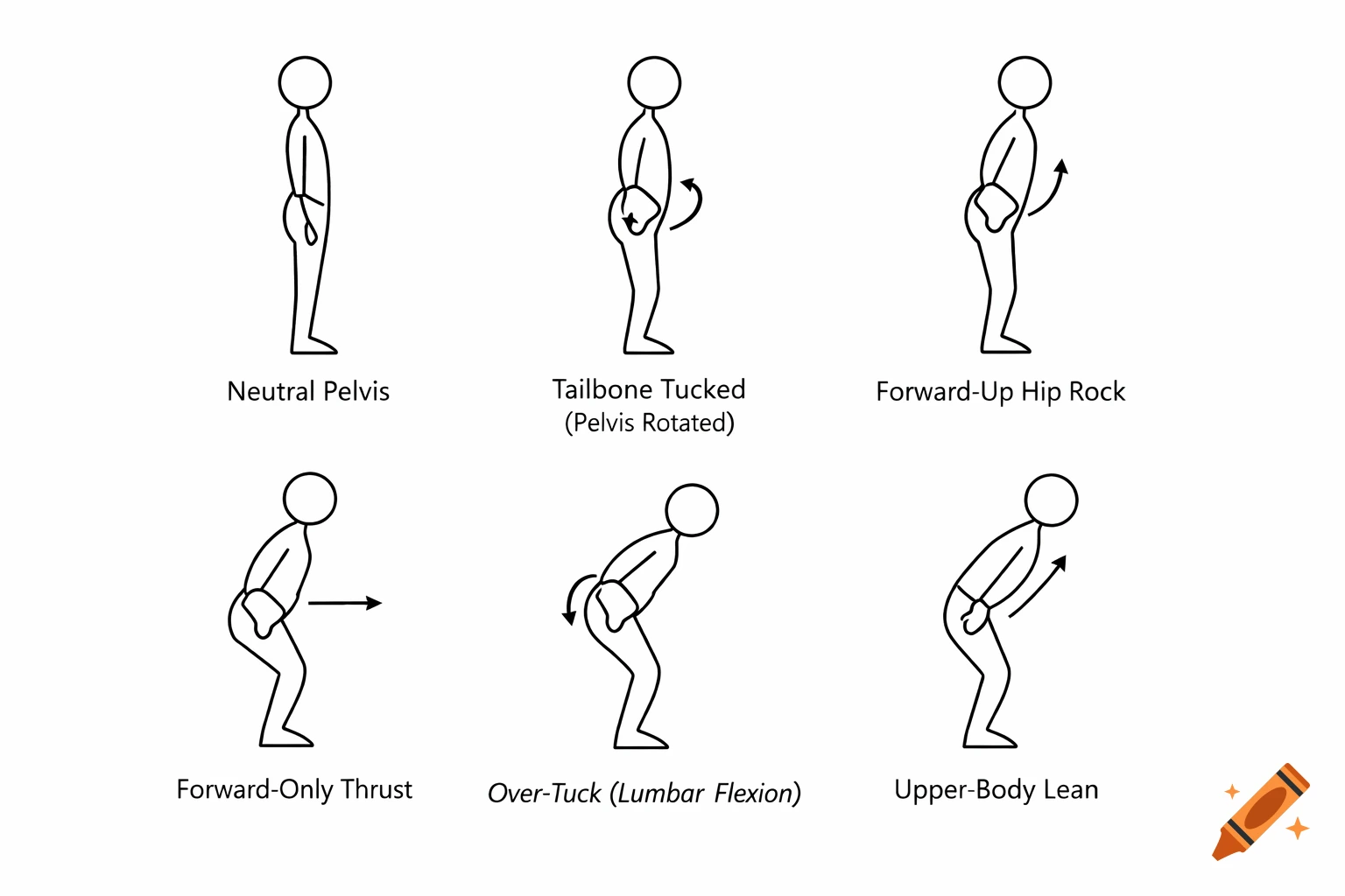 A six-panel instructional diagram with side-view stick figures demonstrating different pelvic positions and hip motions for physical therapy, including neutral, tucked, hip rock, forward thrust, over-tuck, and upper-body lean.