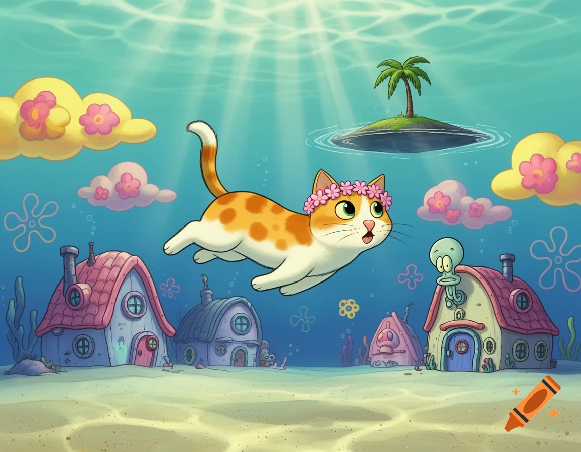 A cartoon orange and white cat with a pink flower crown floats underwater above SpongeBob-like houses, with clouds and a distant island.