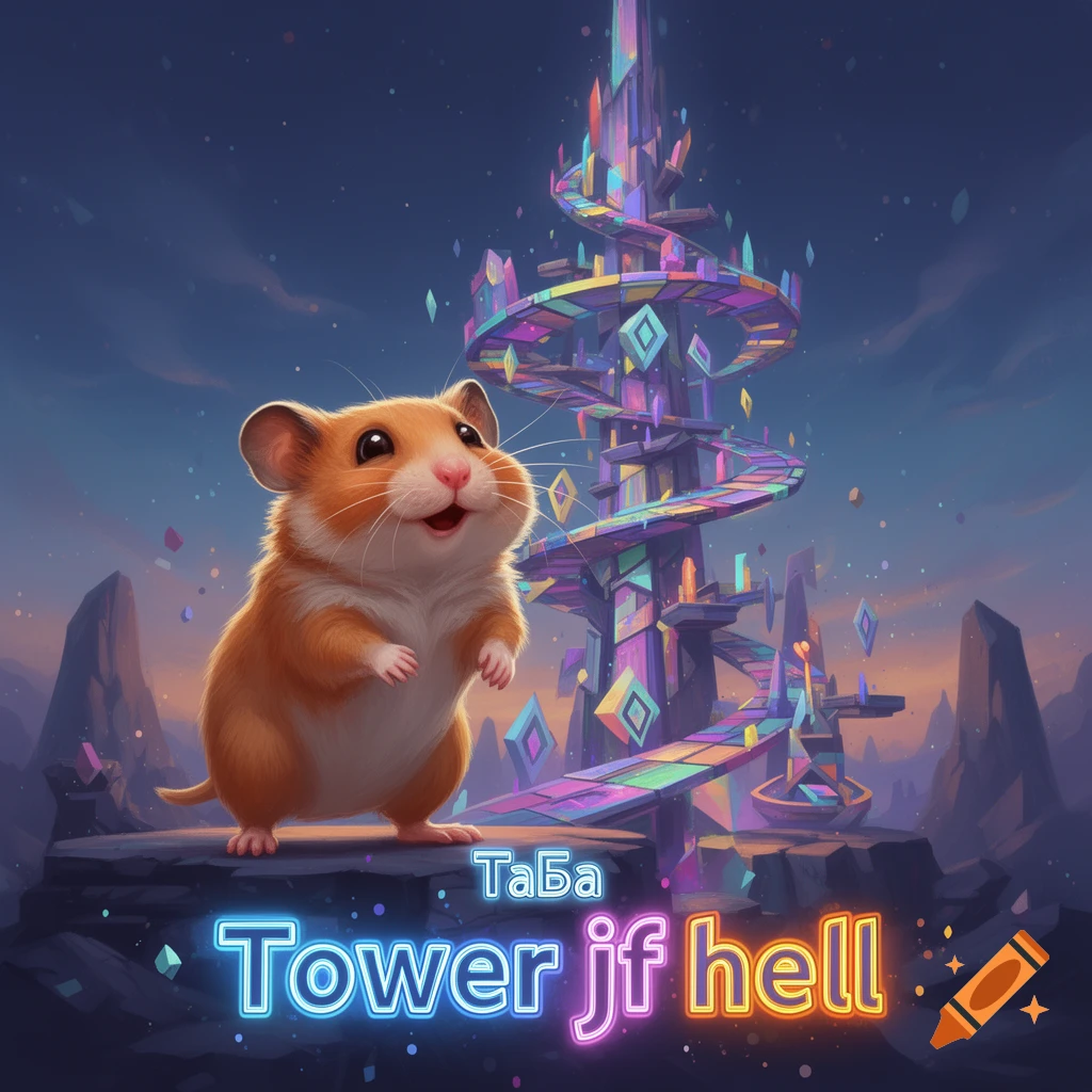 A happy hamster stands before a colorful crystal spiral tower against a dark, starry sky, with neon text 'ТаБа Tower jf hell'.