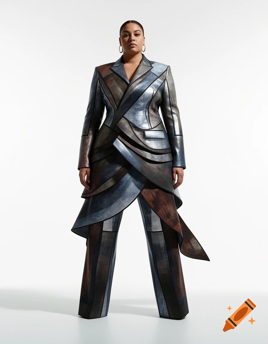 A plus-size woman wears an avant-garde pantsuit with sculptural, layered panels in metallic blue and brown, standing on a white background.