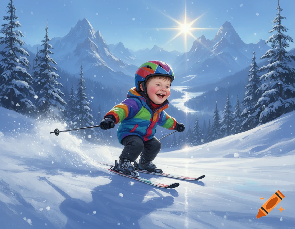 A happy boy in a colorful helmet and jacket smiles while skiing down a snowy mountain slope on a sunny day, digital art.