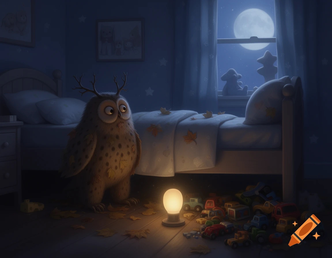 A large, fluffy owl with small antlers stands in a child's dark bedroom, illuminated by a glowing lamp beside the bed, with toys scattered underneath. A full moon shines through the window.