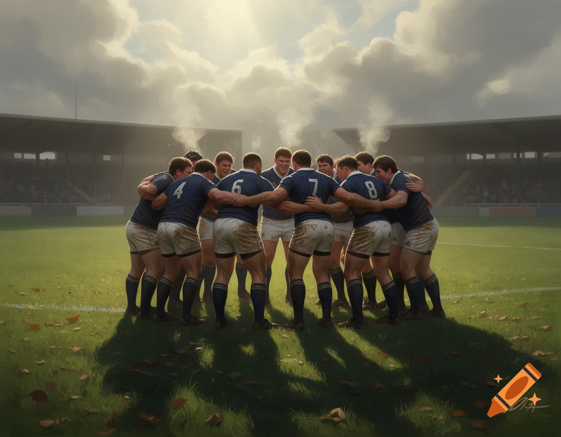 Rugby players in blue and white jerseys huddle in a circle on a muddy green field under a cloudy sky, with a stadium in the background. Digital painting.