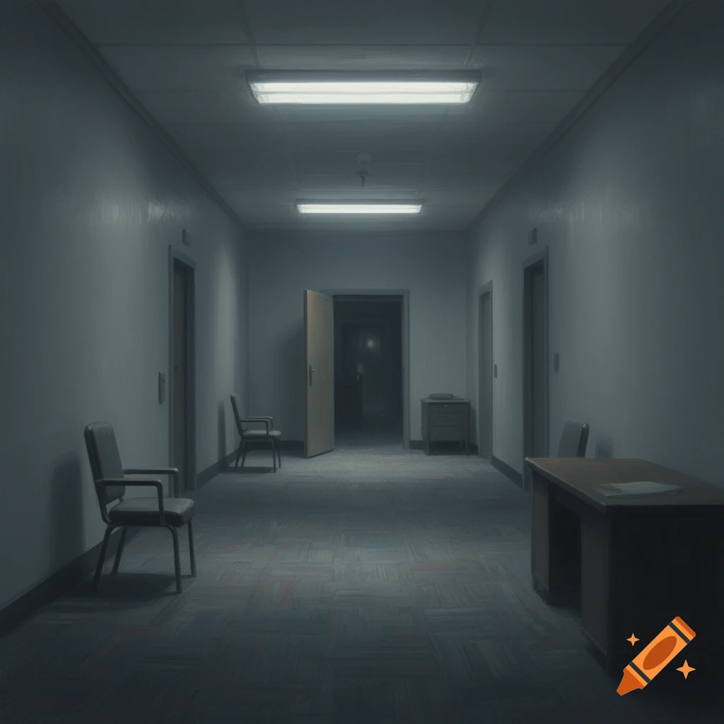 Dimly lit, empty institutional hallway with open doors, chairs, and a desk, creating a liminal atmosphere.