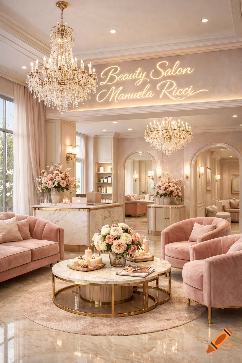 An elegant, luxurious beauty salon interior with pink velvet sofas, marble tables, crystal chandeliers, and a neon sign 'Beauty Salon Manuela Ricci'.