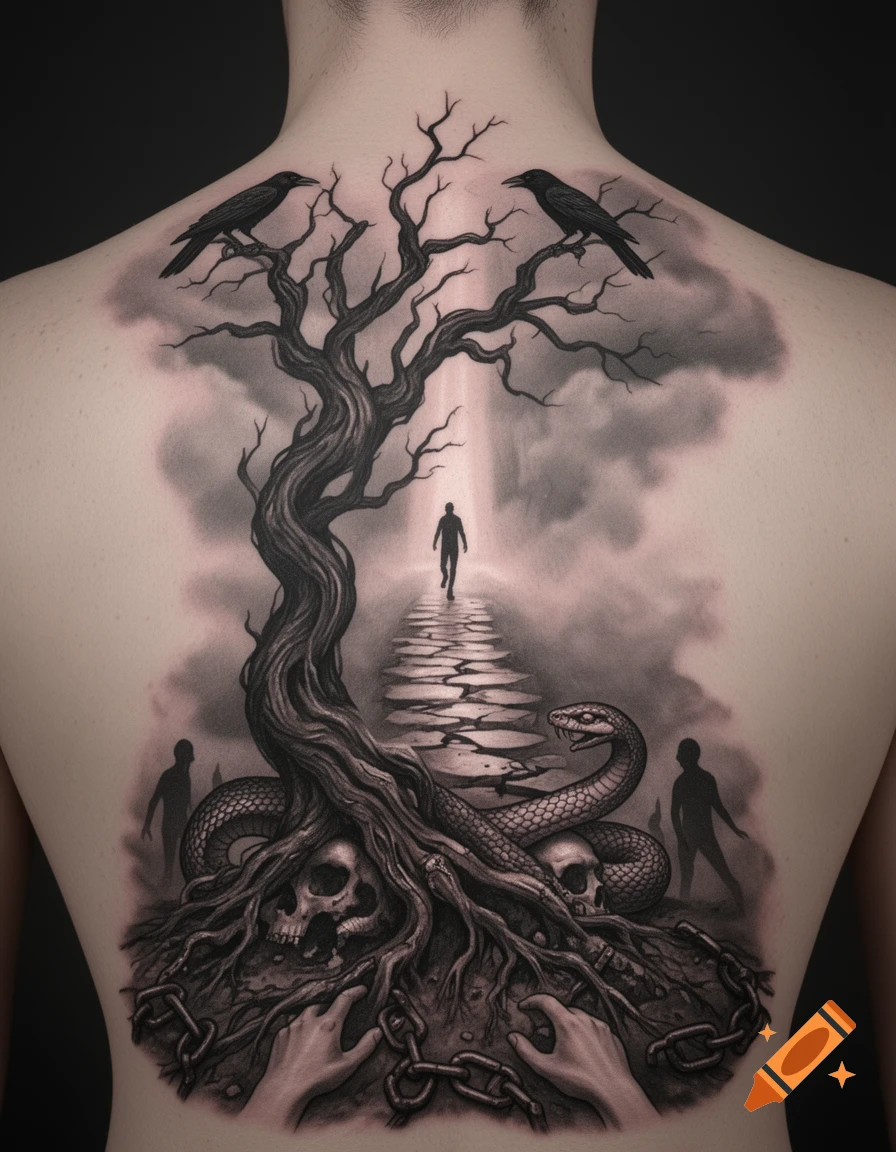 Black-and-gray back tattoo of a dead tree with roots, skulls, a snake, and chains. Crows perch on branches as a figure walks a path.