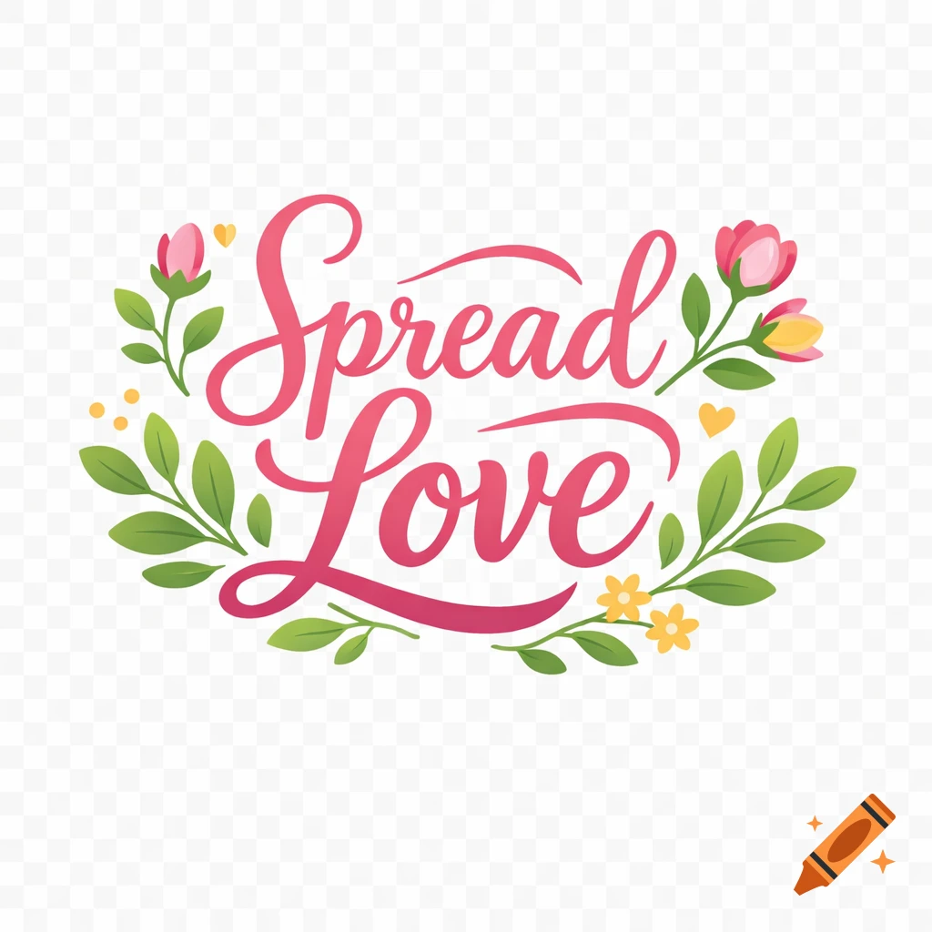 Calligraphy text 'Spread Love' surrounded by green leaves, pink flowers, and yellow hearts on a transparent background.