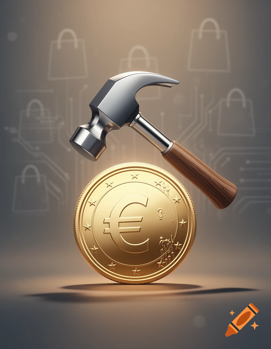 A shiny silver hammer balances above a large, golden Euro coin, with faint outlines of shopping bags in the background.
