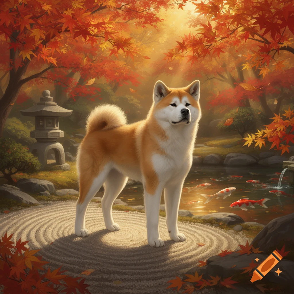 An Akita dog stands in a serene Japanese garden with vibrant red and orange autumn maple leaves, a stone lantern, and koi fish in a pond.
