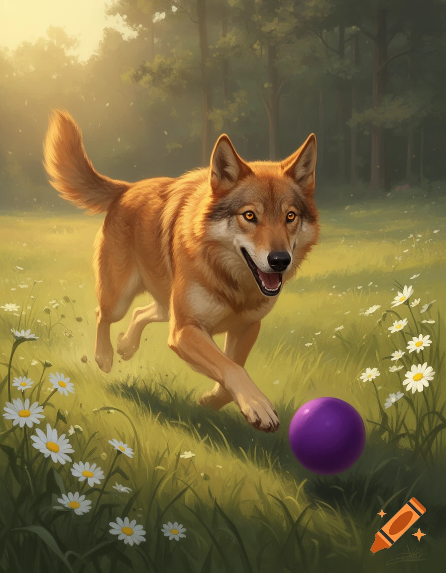 A tan wolf-dog with golden eyes runs through a sunny, daisy-filled meadow, chasing a purple ball, in a digital painting style.