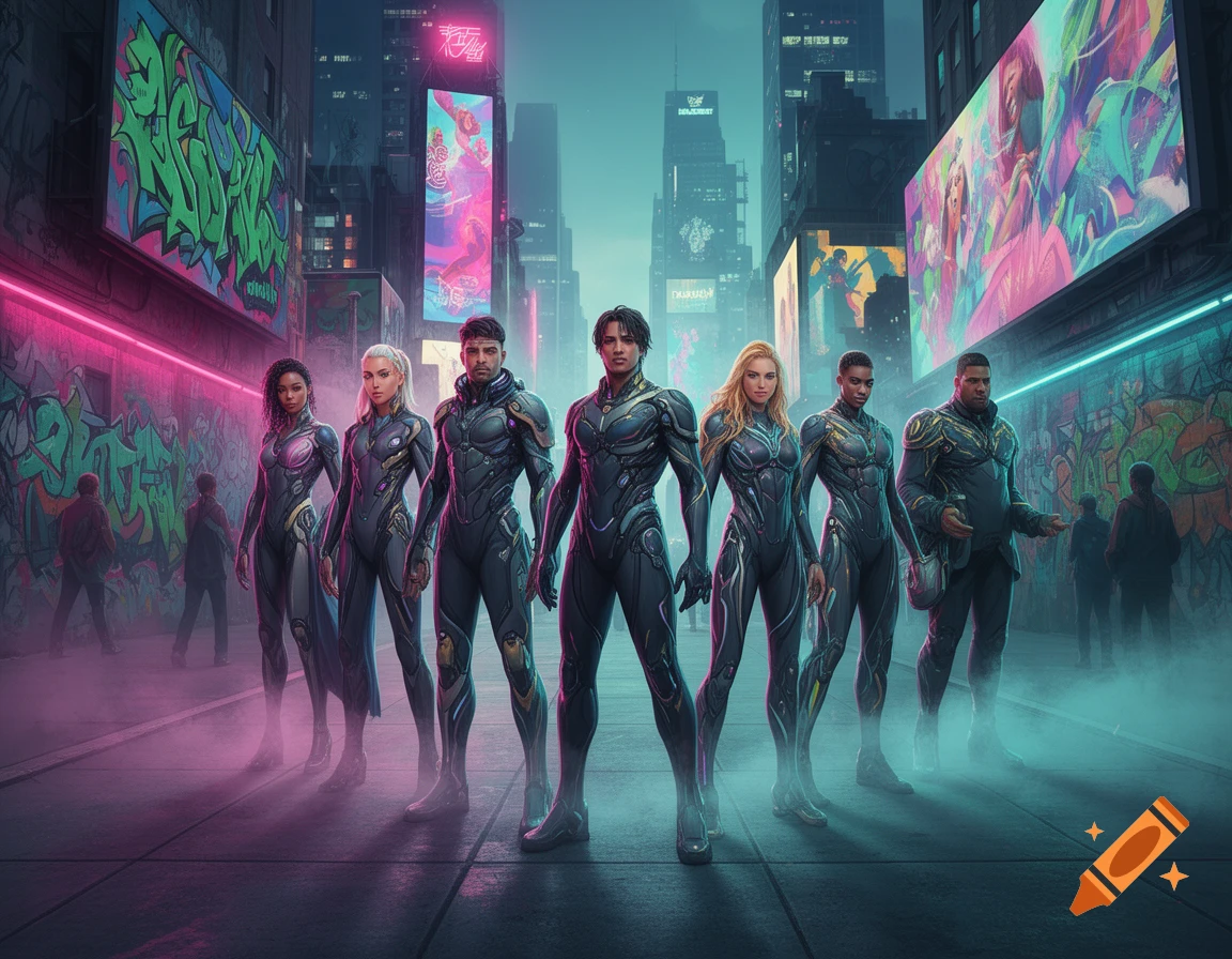 A diverse group in sleek, dark, futuristic suits stands in a neon-lit cyberpunk city alleyway with graffiti and large digital billboards.