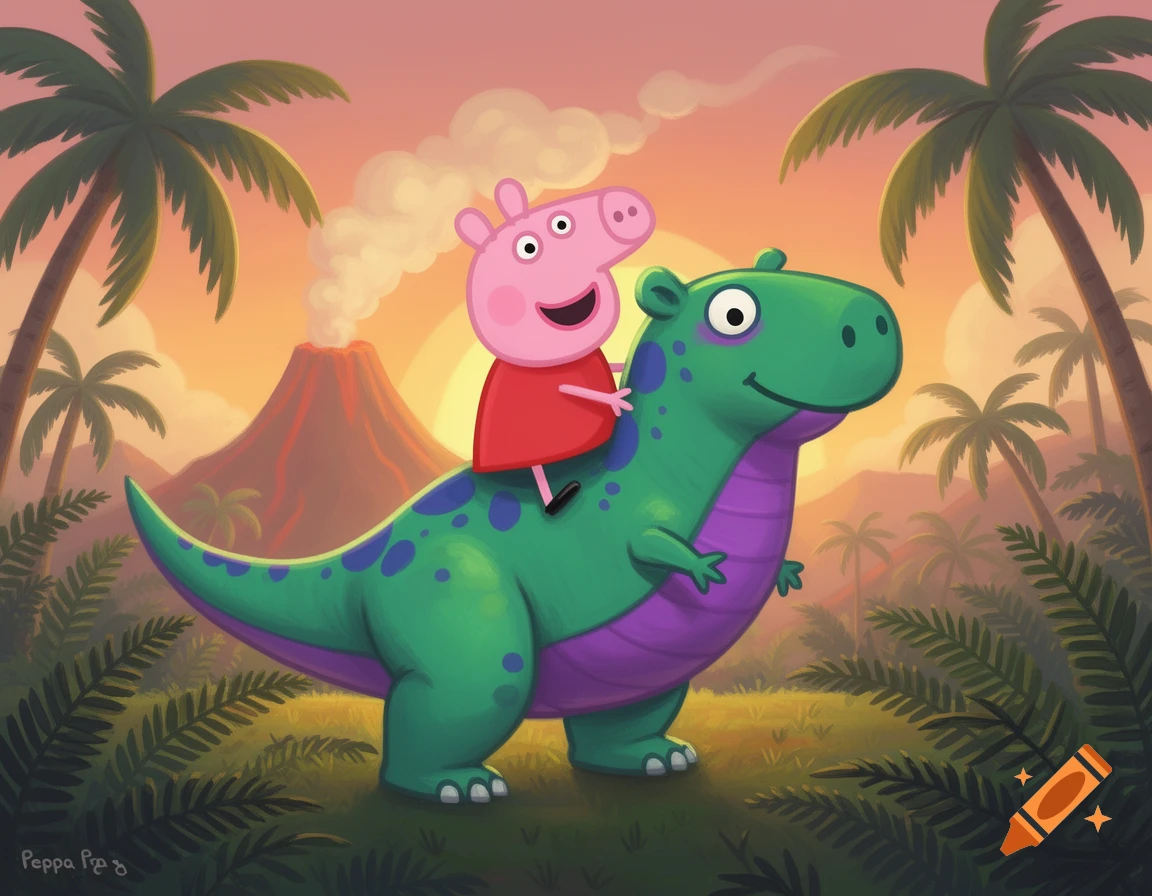 Peppa Pig rides a green dinosaur through a prehistoric jungle with a smoking volcano at sunset in a vibrant cartoon illustration.