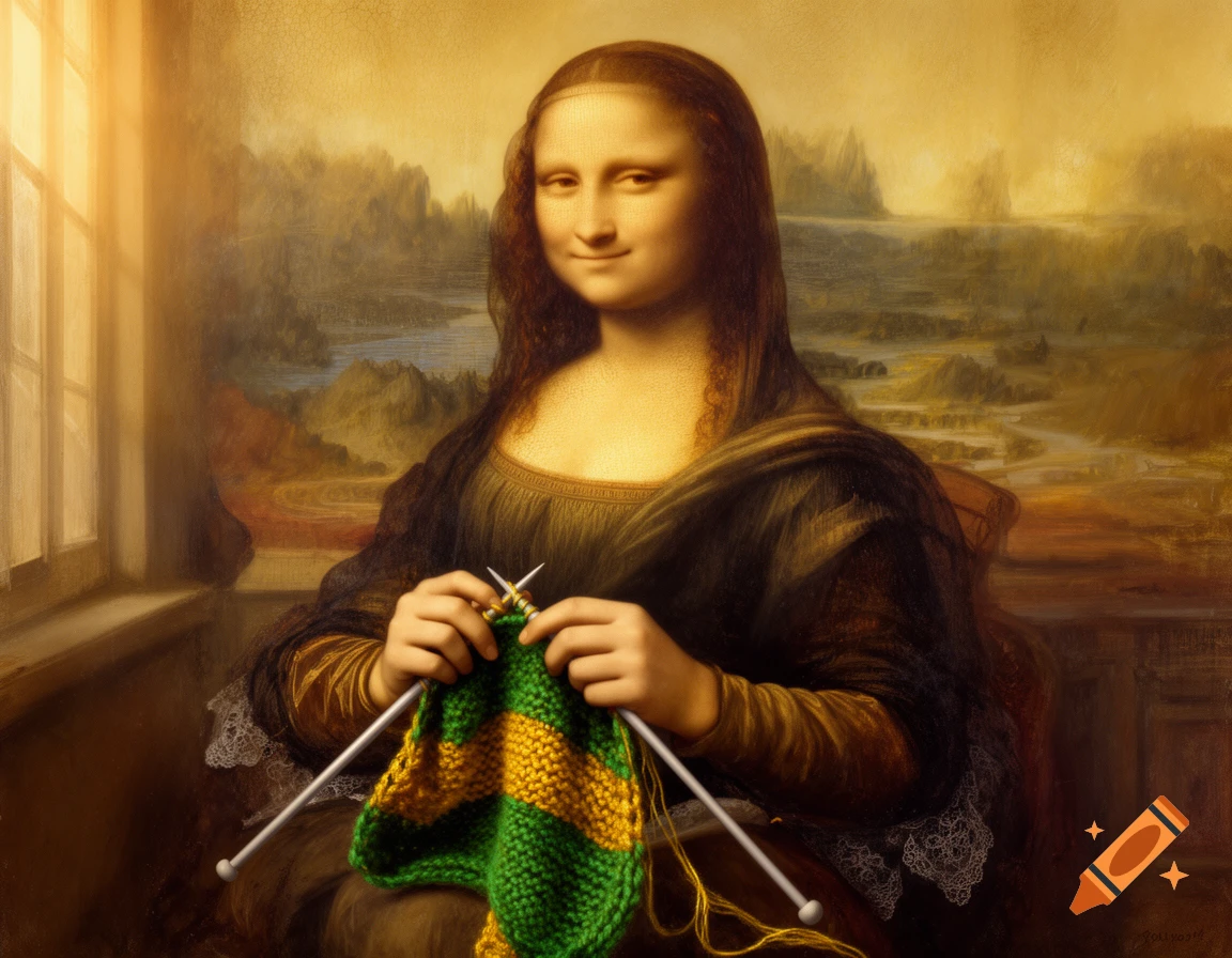 A classic painting of Mona Lisa knitting green and yellow yarn in front of a window and landscape.