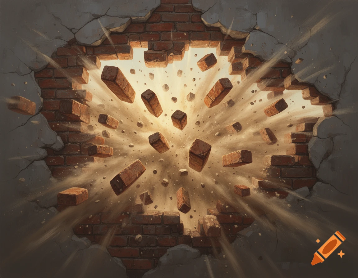 A brick wall bursts open, with bricks and dust flying outwards as light shines through the newly formed hole.