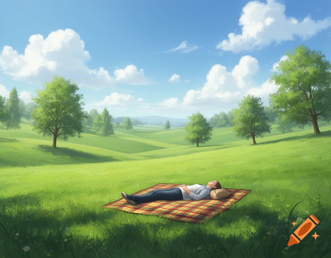 A person lies on a plaid picnic blanket in a lush green meadow dotted with trees under a bright blue sky with white clouds.