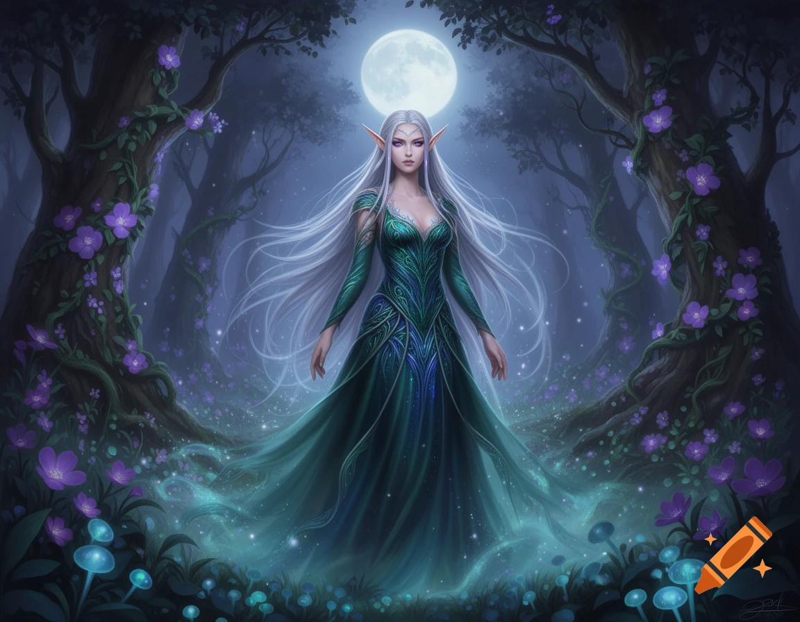 An ethereal elf woman with long white hair in a green gown stands in an enchanted forest under a full moon, surrounded by glowing purple flowers and blue mushrooms.