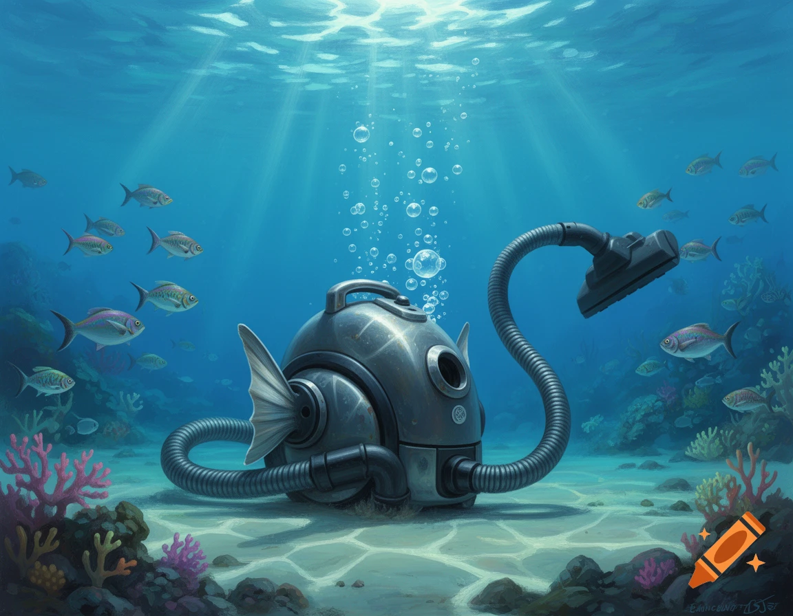 A stylized vacuum cleaner with fins rests on the seabed, surrounded by schools of fish and coral, illuminated by sunbeams from the ocean surface.