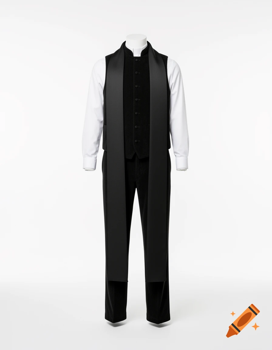 Mannequin wearing a white clerical shirt, black waistcoat, black trousers, and a long black Anglican tippet in a studio shot.