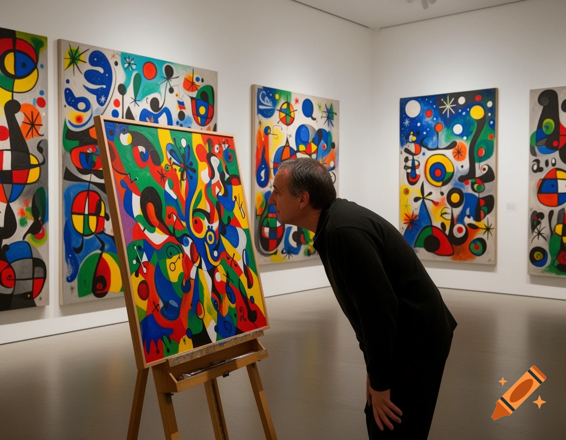 A man leans close to a colorful abstract painting on an easel in an art gallery, surrounded by more abstract paintings.