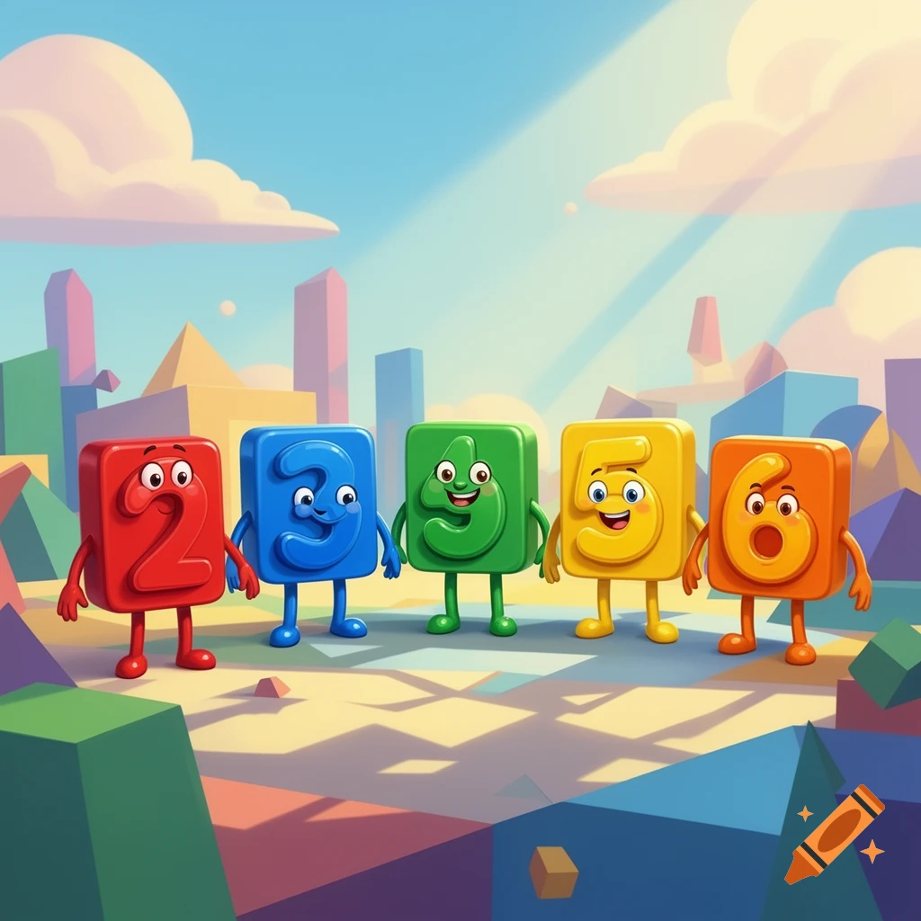 Colorful cartoon numbers 2, 3, 4, 5, and 6 with faces and limbs stand in a whimsical, blocky landscape under a blue sky.