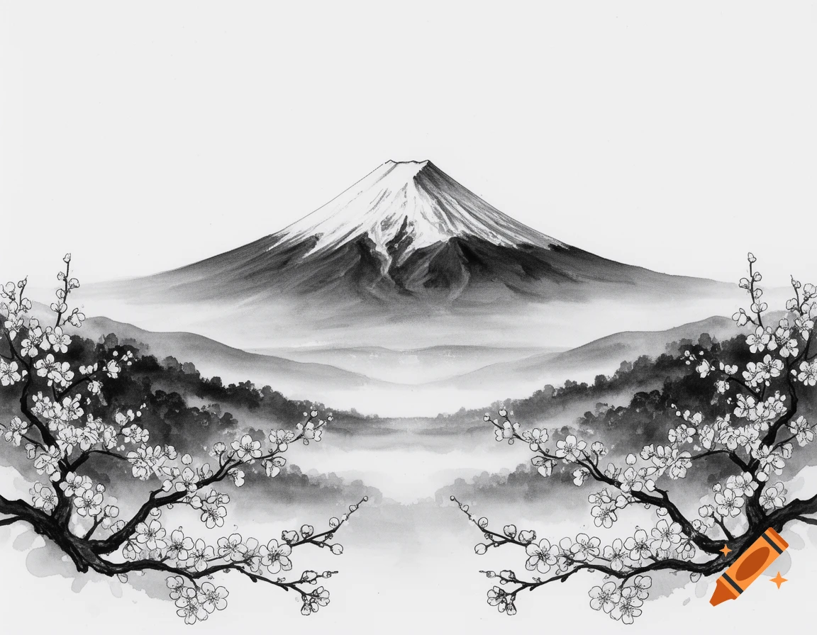 Black and white ink painting of snow-capped Mount Fuji towering over misty mountains, framed by blooming cherry blossom branches.