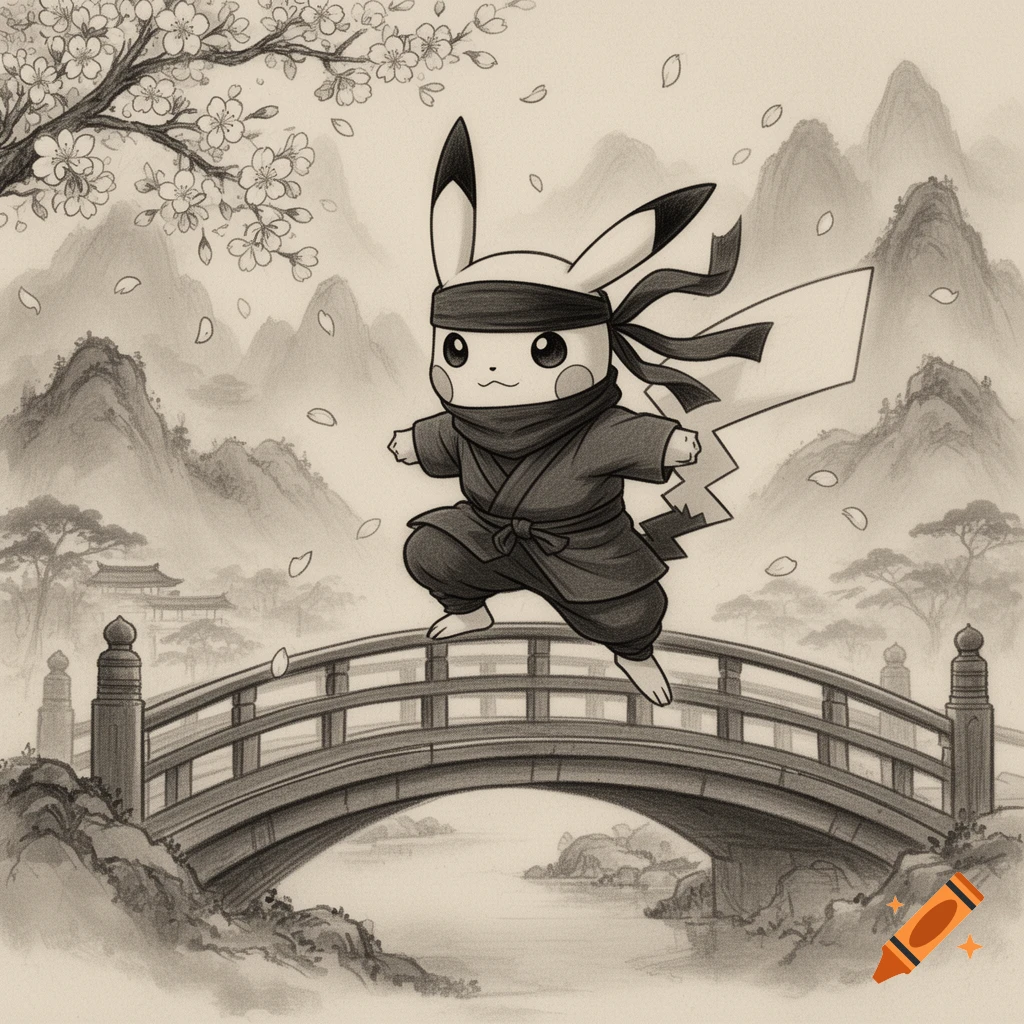 Ninja Pikachu leaping on a traditional Japanese bridge with cherry blossoms and mountains in an old sketch style.