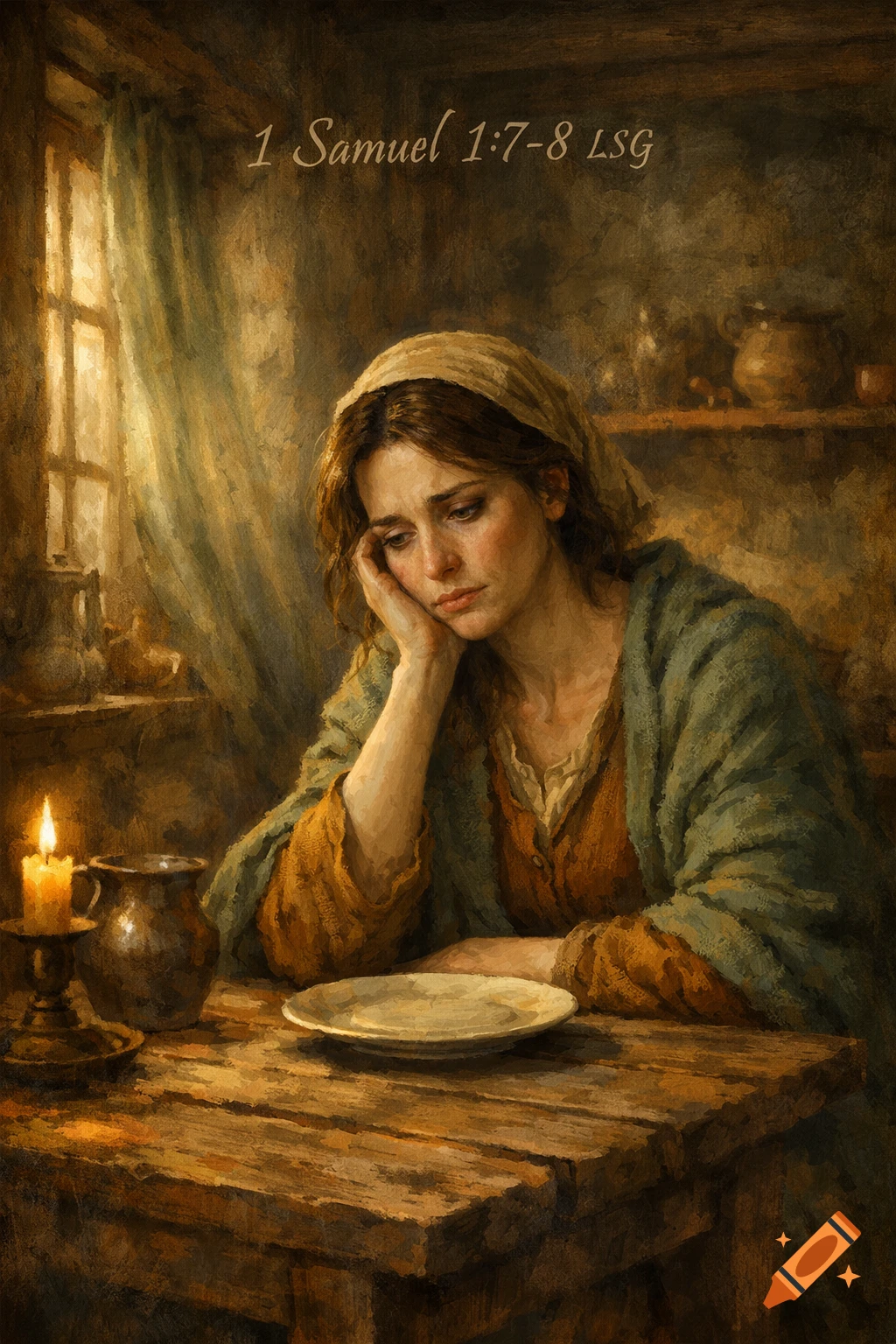 Painterly image of a sad woman with a headscarf, leaning on a rustic table with a candle, text '1 Samuel 1:7-8 LSG' above.