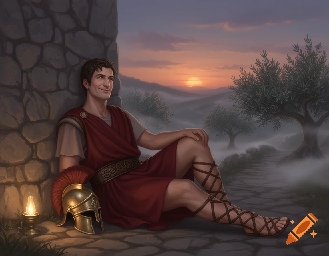 A relaxed man in a red toga and sandals leans against a stone wall at sunset, with a helmet and lantern nearby.
