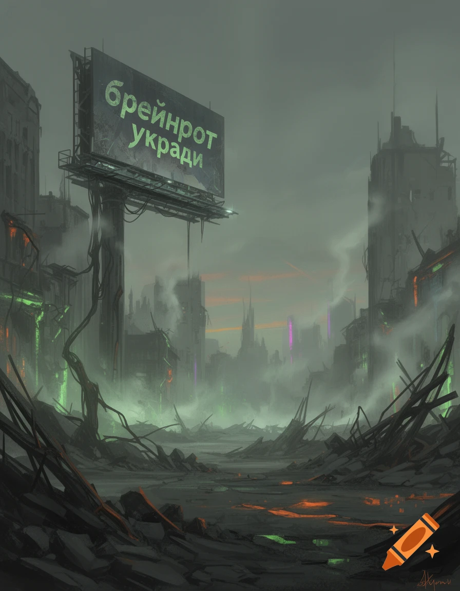 Digital painting of a dark, foggy post-apocalyptic city with a ...
