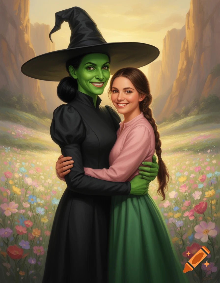A green-skinned witch in a black dress and hat embraces a young woman in a pink top and green skirt, smiling in a field of colorful flowers with mountains in the background.