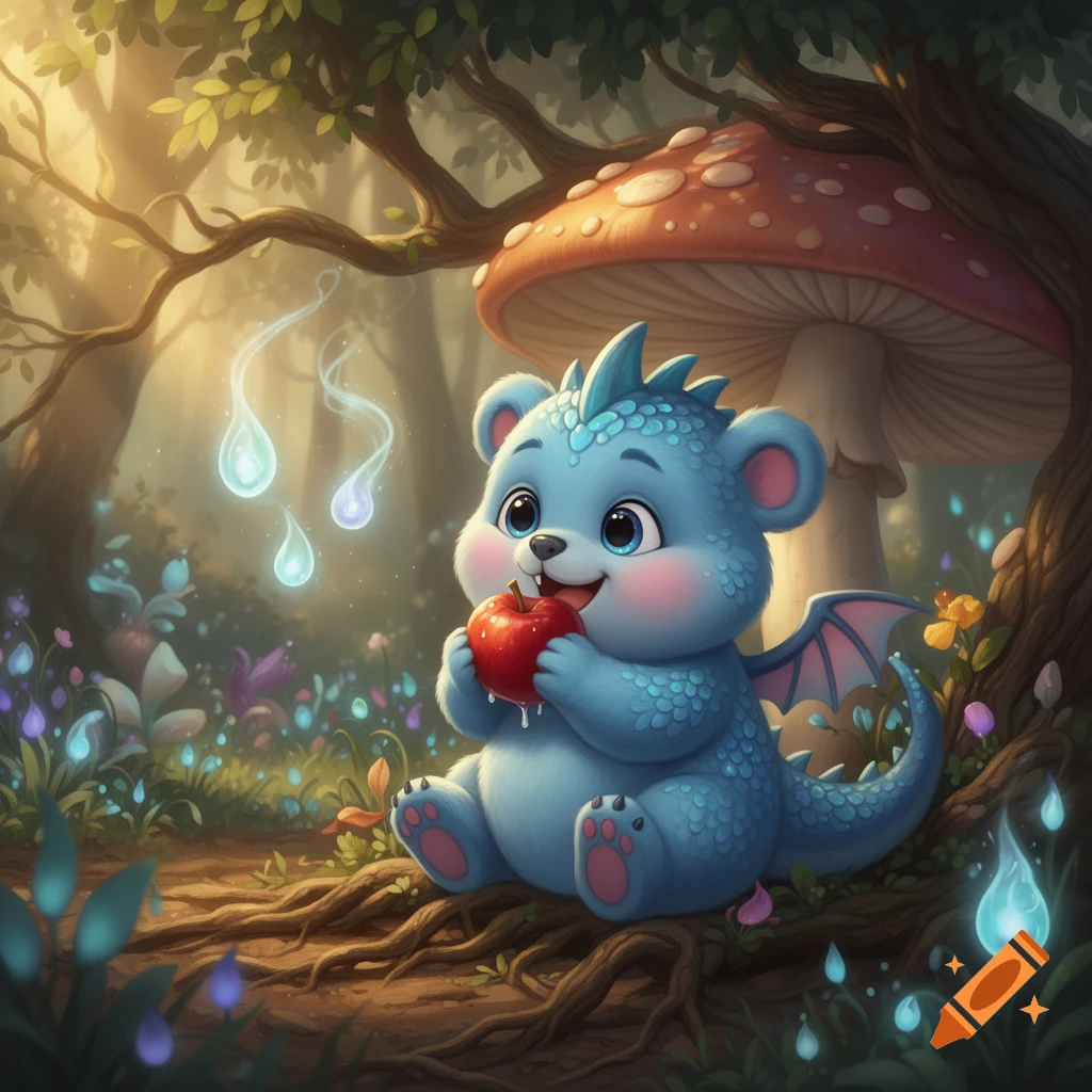A cute blue cartoon fantasy creature with small wings happily eats an apple in a magical forest with glowing lights and a giant mushroom.