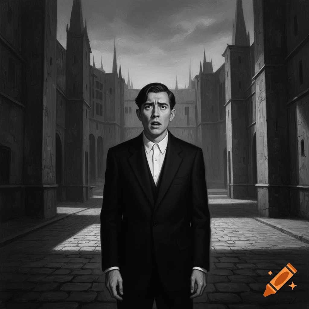 A man in a suit looks surprised and scared, standing in a dark, ominous, gothic alley in black and white.