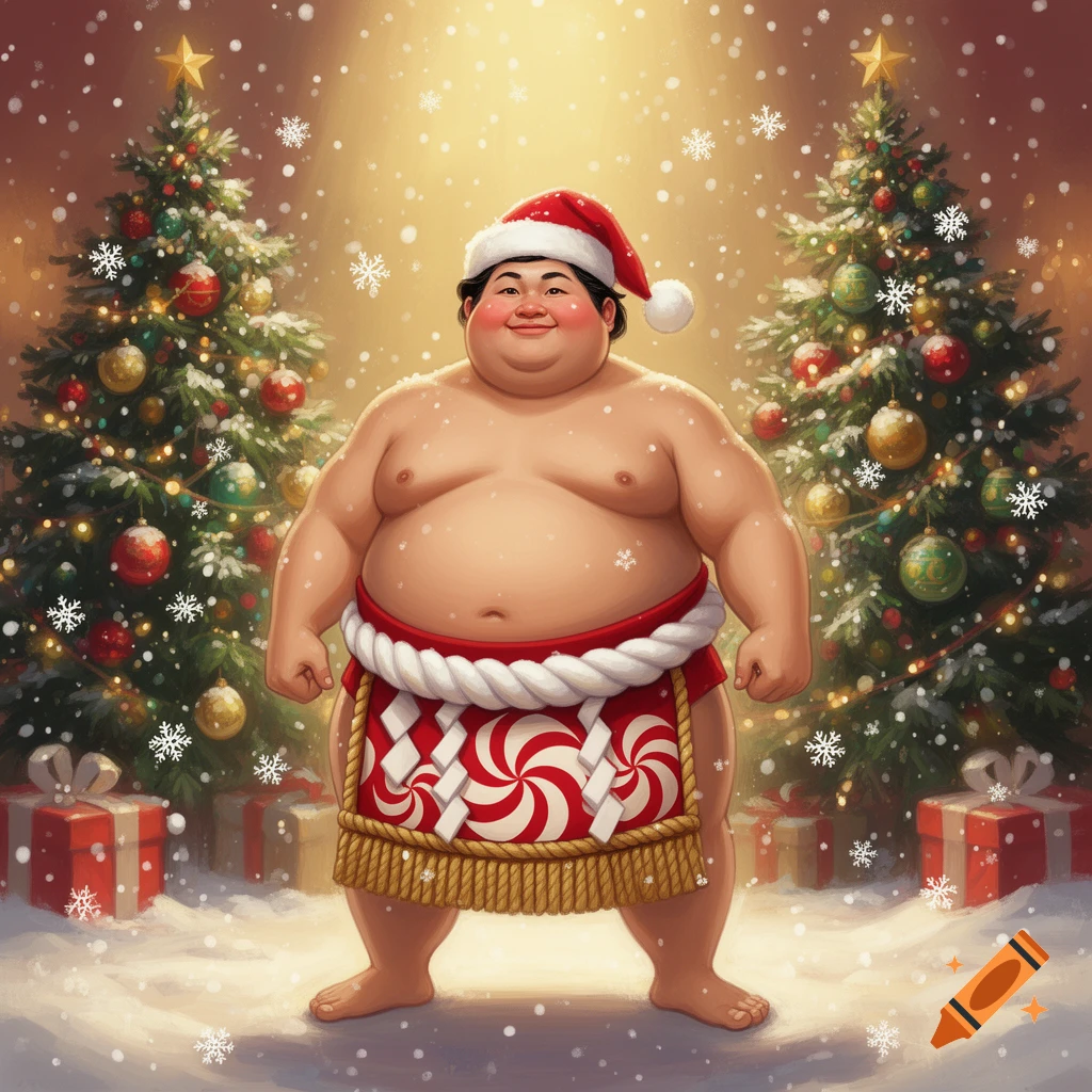 A cheerful sumo wrestler wearing a Santa hat and a candy cane mawashi stands in a snowy Christmas scene with decorated trees and gifts.