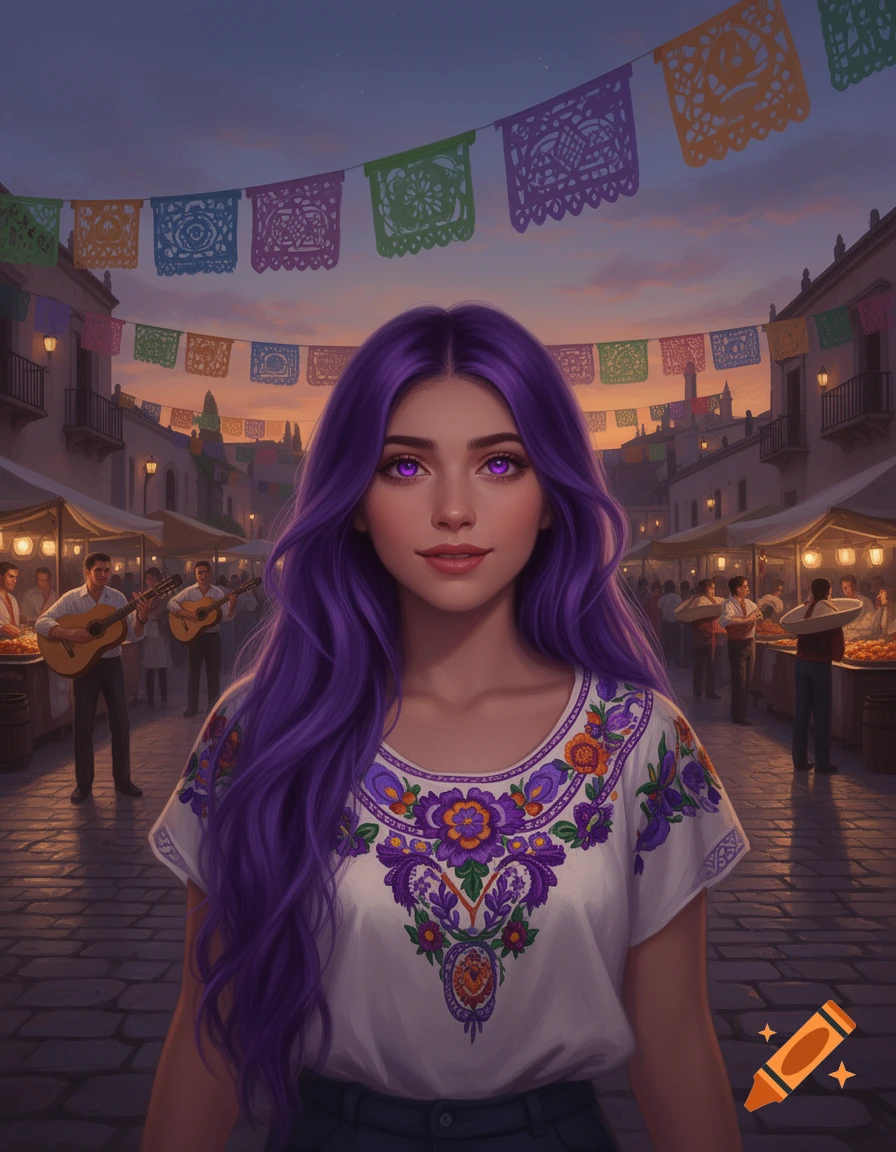 A young woman with long purple hair and glowing purple eyes wears a white embroidered blouse, standing in a lively Mexican market at dusk with colorful banners overhead.