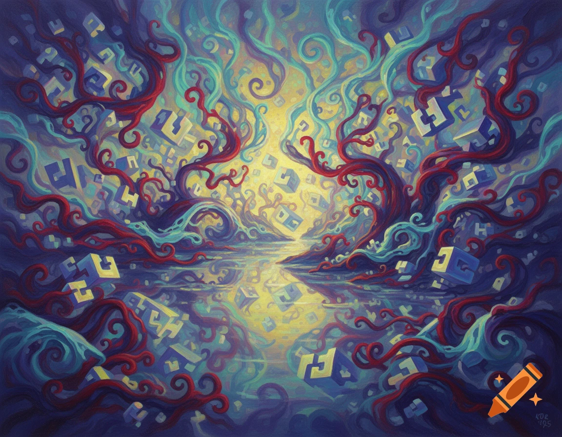 A vibrant abstract painting with glowing yellow light reflected on water, surrounded by swirling red vines, teal tendrils, and floating blue and yellow blocky symbols.