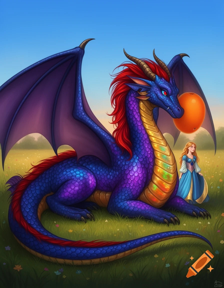 A large blue and purple dragon with red hair and glowing blue eyes rests in a grassy field next to a princess, holding an orange orb. Illustrative style.