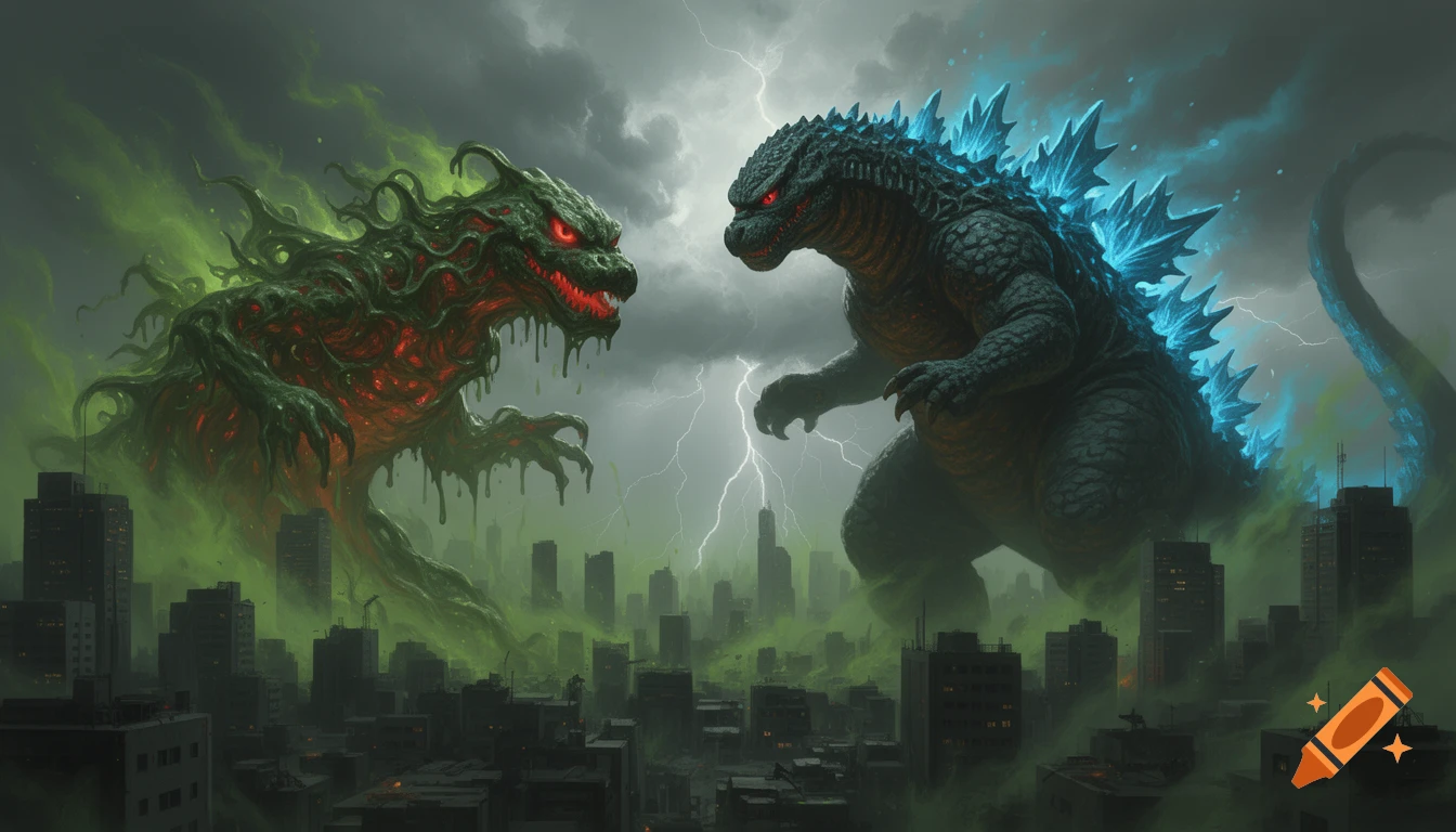 Godzilla with glowing blue spines faces a green, slimy monster over a dark, mist-covered city with lightning in the sky.
