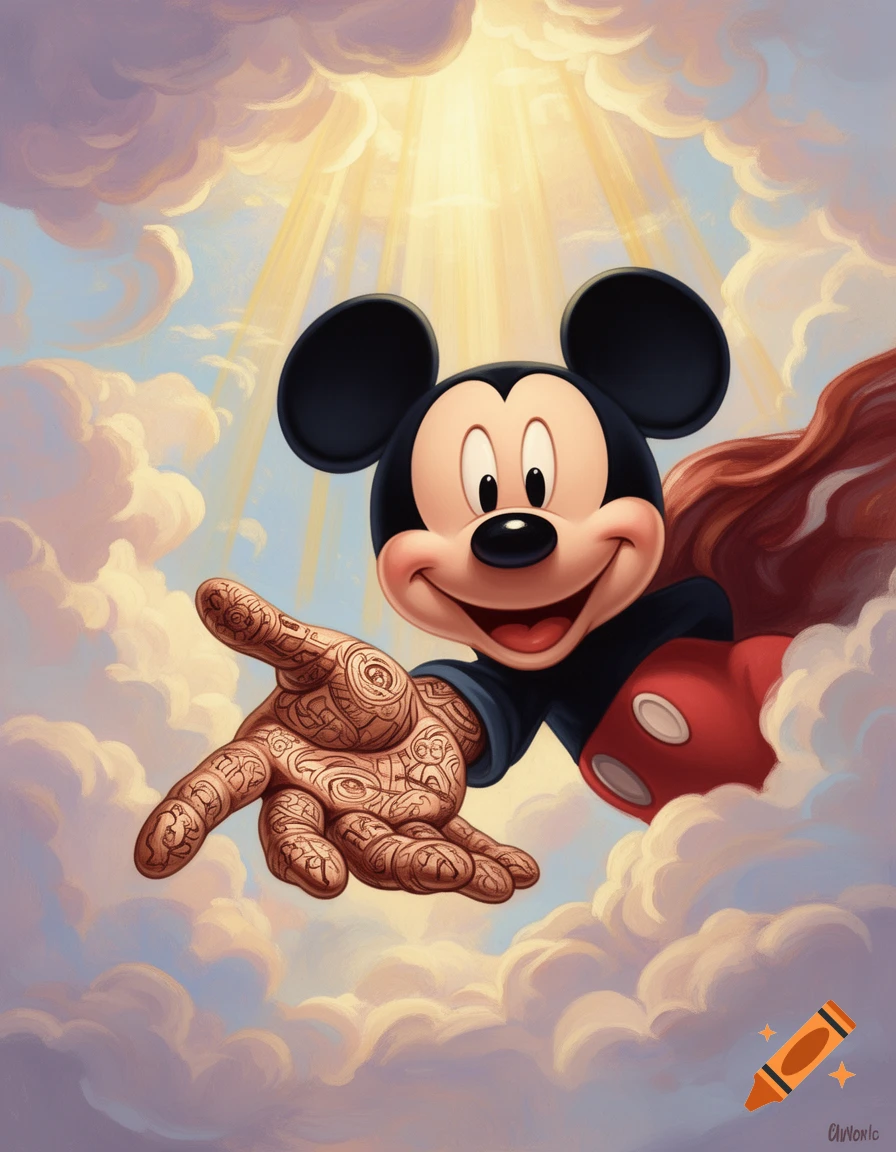 Mickey Mouse, wearing a red cape, reaches out from fluffy clouds, his ...