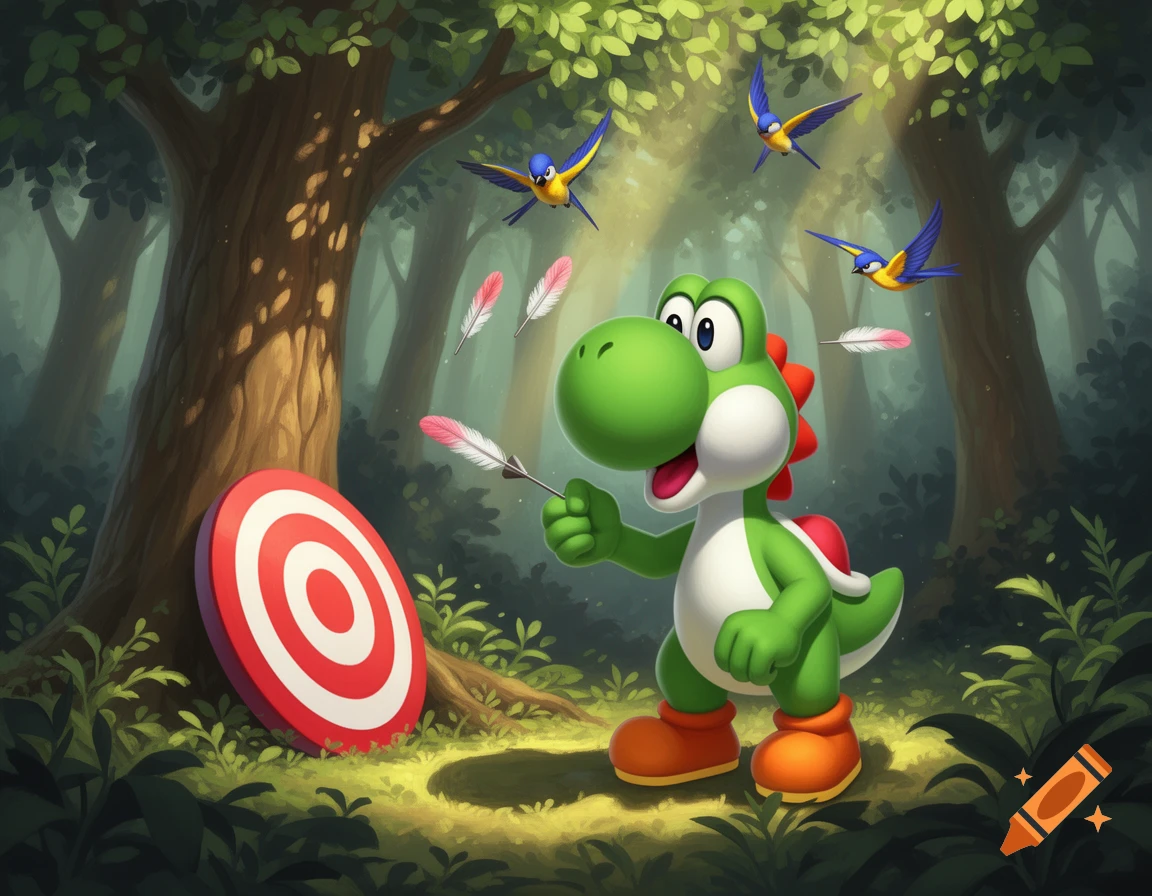 Yoshi in a vibrant cartoon forest, holding a feathered dart next to a bullseye target, with birds flying above.